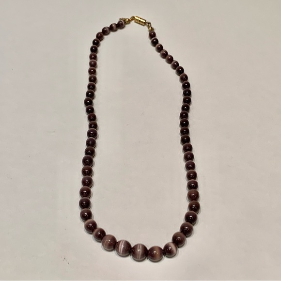 Dark Purple Cat’s Eye Stone Smooth Round Beaded Necklace Gold Barrel Clasp 17” - Picture 1 of 7